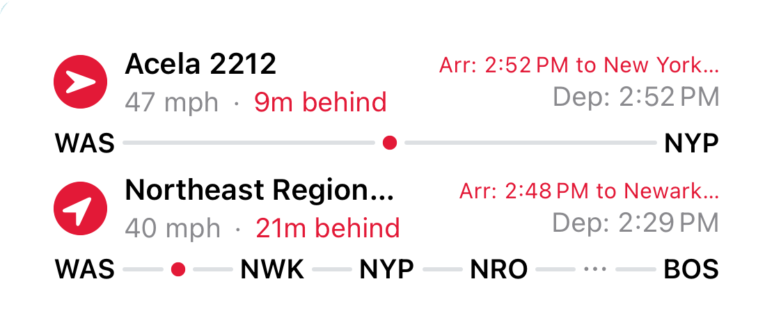 Close-up of the TrackWatch home screen widget showing two tracked trains