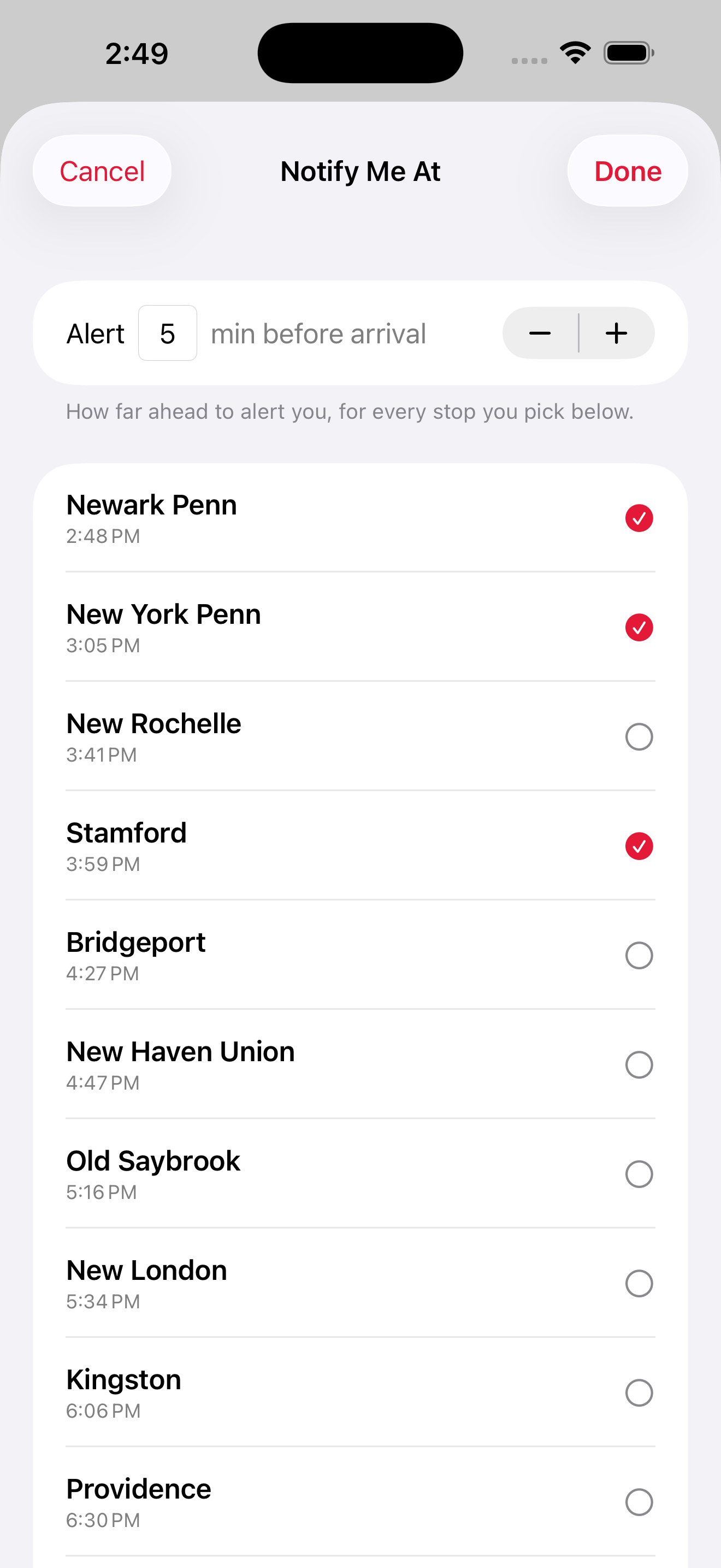 TrackWatch multi-stop alert picker sheet